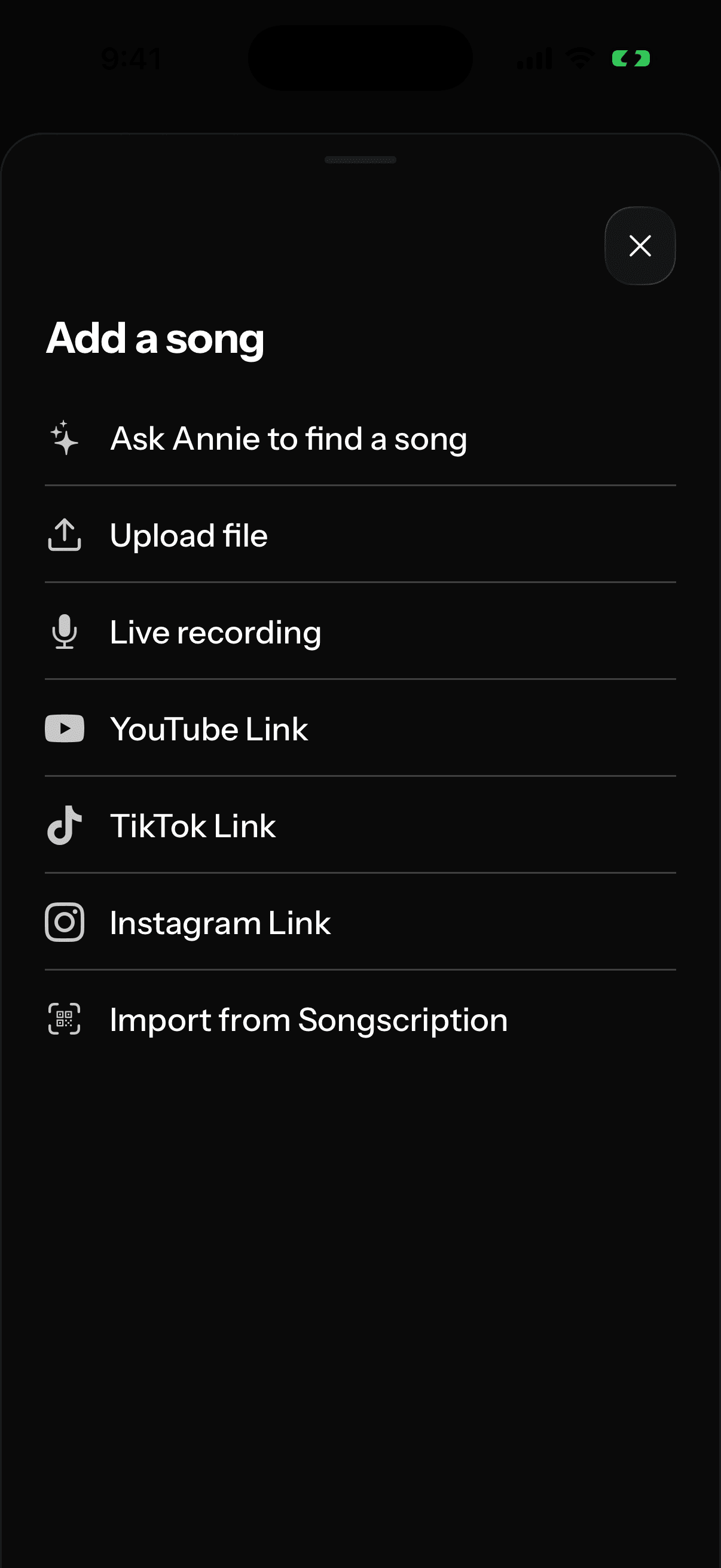 The "Add a song" menu showing the available sources: upload, live recording, and the YouTube, TikTok, and Instagram link options.